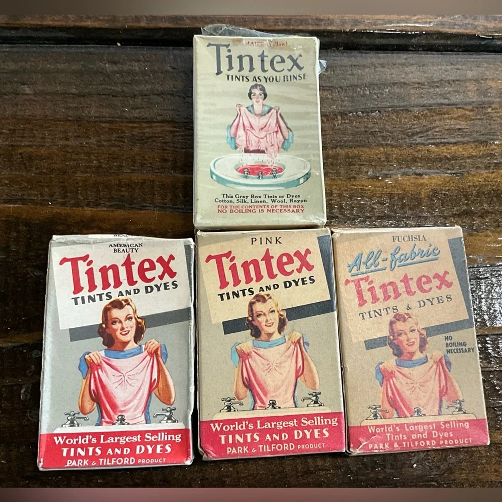 Vintage Lot of 4 Tintex Tints & Dyes Pink Maize Yellow Fuchsia MCM IOB Crafts